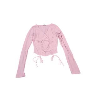 Y2K Inspired Pink Ruched Ribbed Tie Front Long Sleeve Crop Top Small
